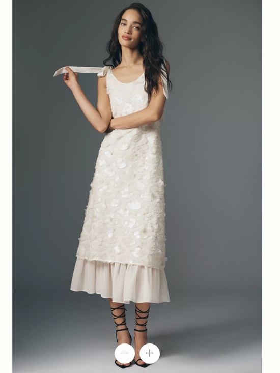 En Saison Dresses & Skirts - En Saison Ivory Floral Appliqué Midi Dress with Ruffle Hem